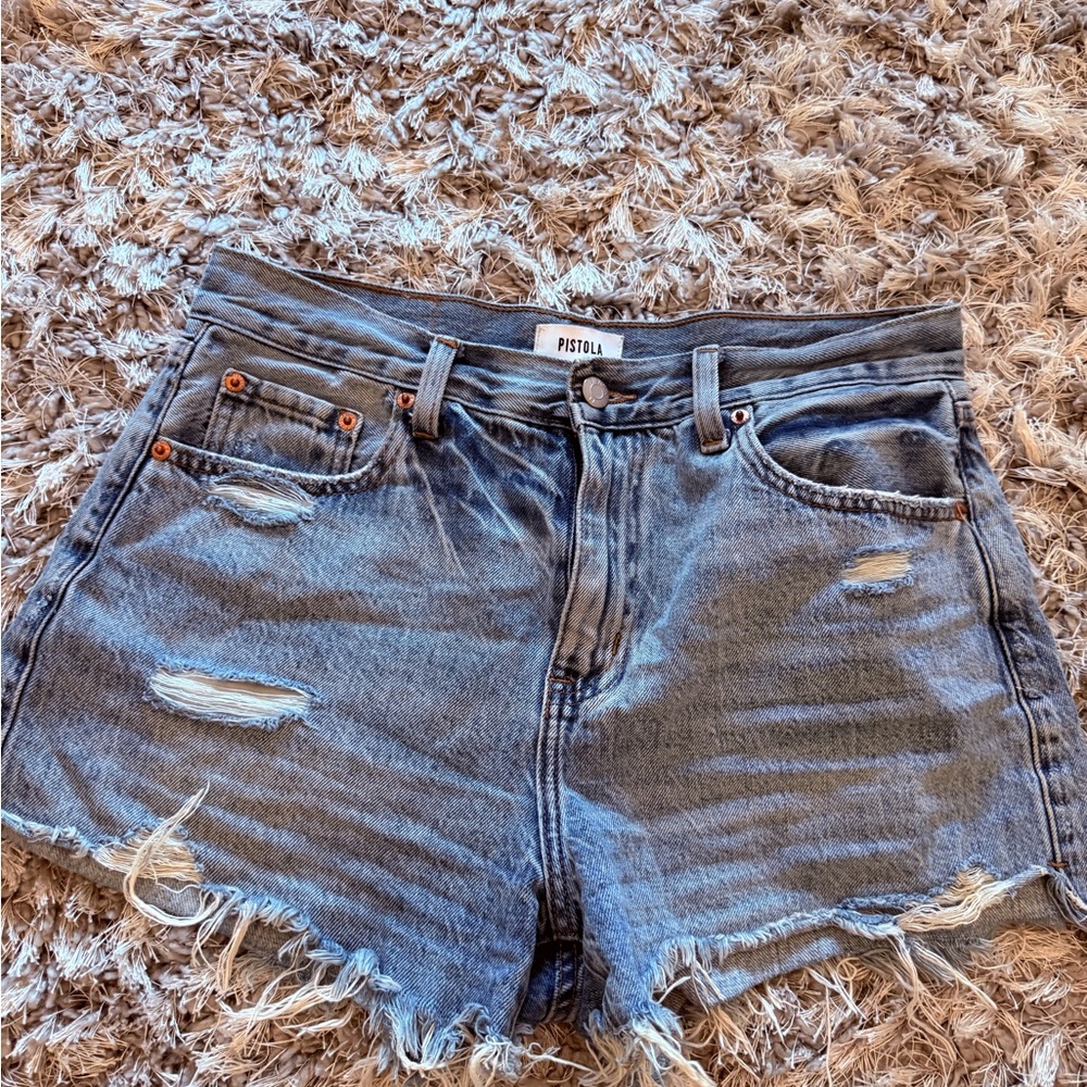 pistola Distressed High-Rise Denim Shorts in Faded Blue